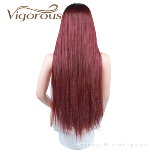 Vigorous Wholesale High Quality Long Middle Part Silky Straight Ombre Burgundy Dark Root For Black Women Synthetic Hair Wigs